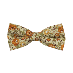 Světle béžový dětský bavlněný motýlek s žluto oranžovými květy