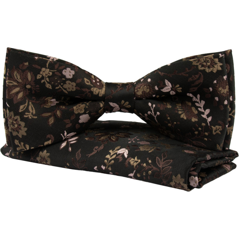 Dark Brown Men's Bow Tie with a Delicate Floral Pattern Including Pocket Square