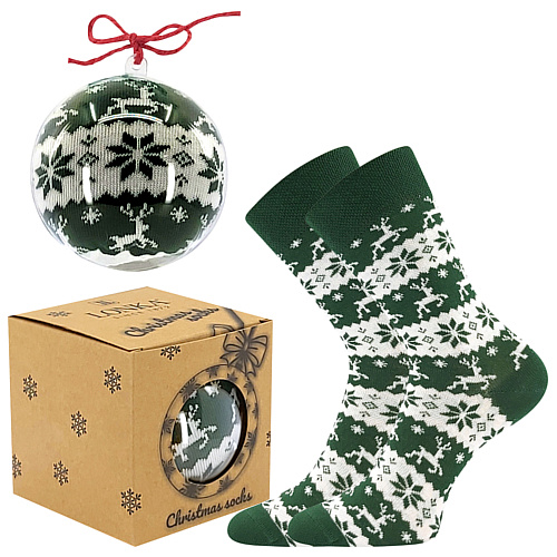 Green Christmas socks with reindeer and snowflake pattern