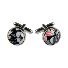 Black Cufflinks with Grey and Pink Floral Pattern