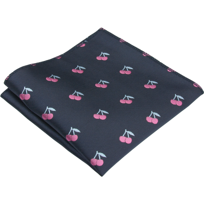 Tmavě modrý pánský kapesníček s růžovým motivem třešní
