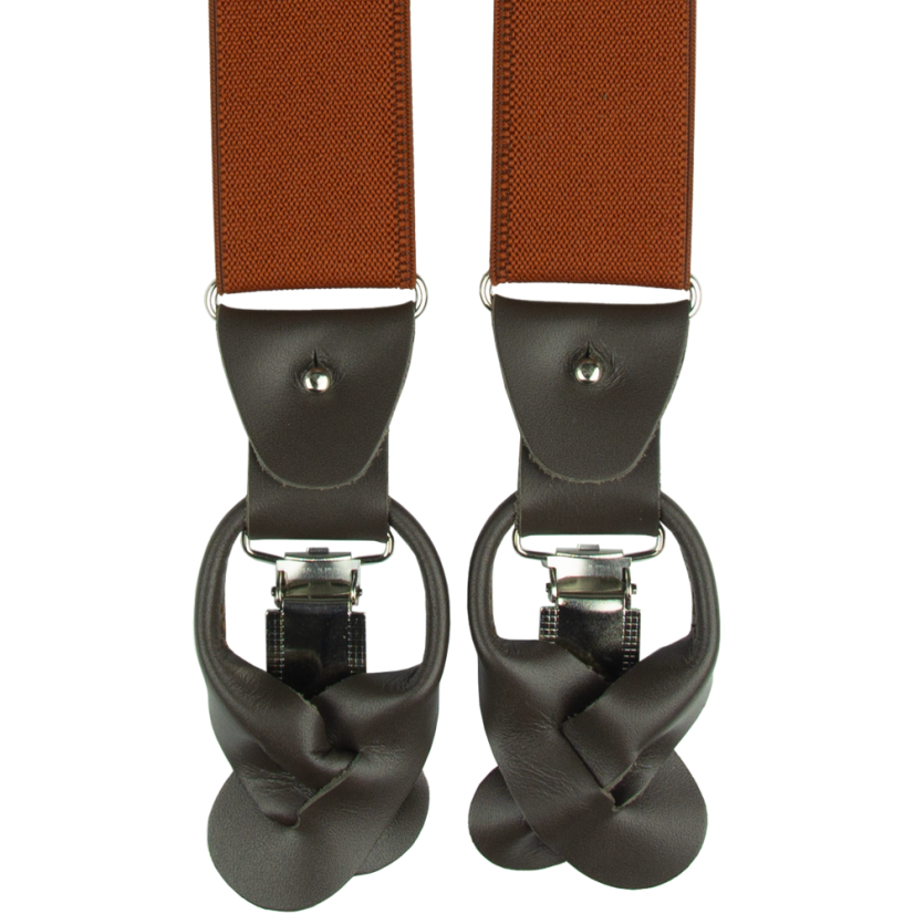 Cihlové pánské široké kšandy s klipy a poutky z tmavě hnědé kůže