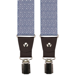 Modré pánské široké kšandy s bílým vzorem a tmavě hnědou pravou kůží