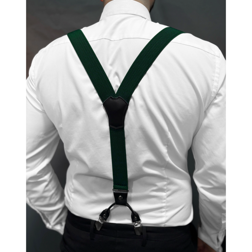 Smaragdově zelený pánský set s výrazným zlatým vzorem – kšandy, motýlek a kapesníček