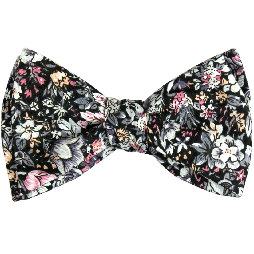 Černý bavlněný vázací motýlek s šedo růžovými květy