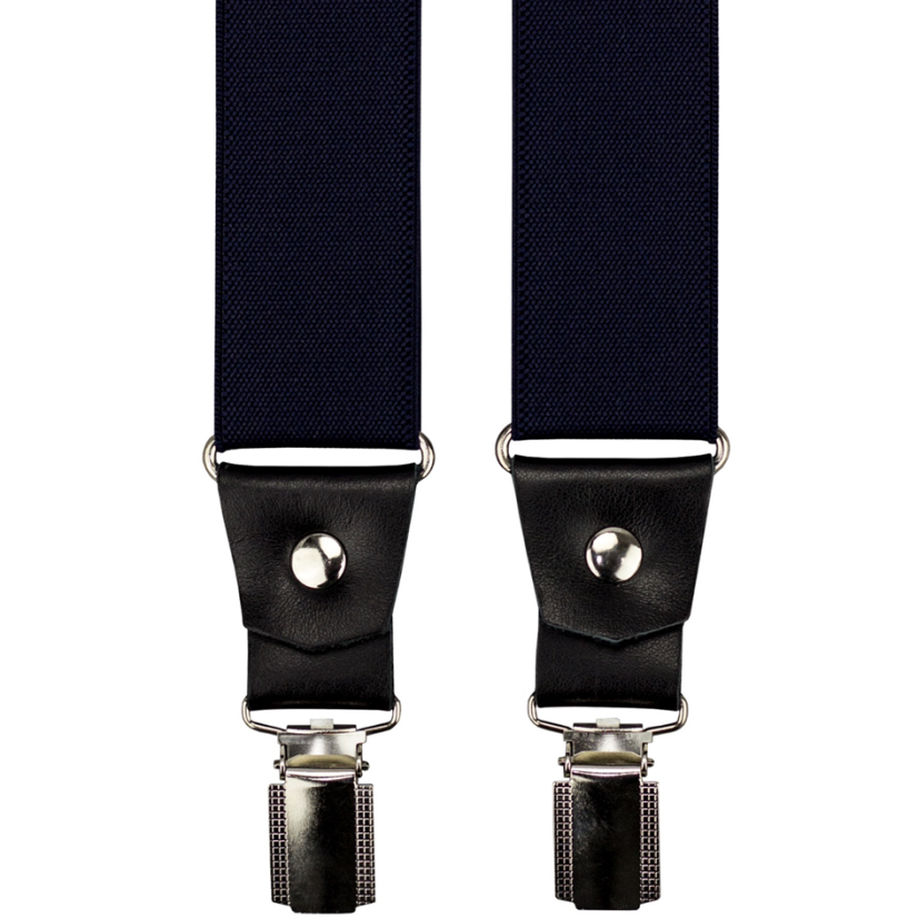 Tmavě modré pánské široké kšandy s černou pravou kůží