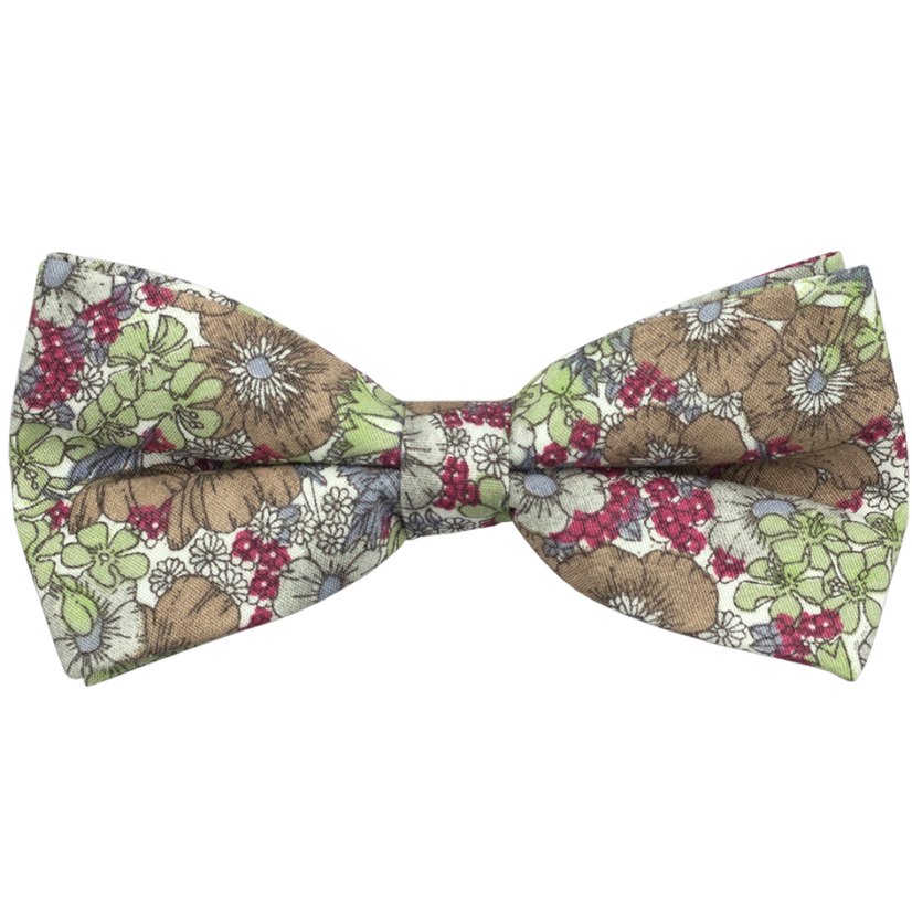 Hnědo zelený pánský bavlněný motýlek s květy