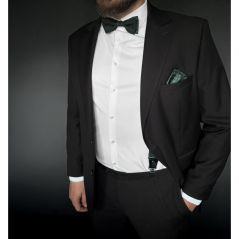 Emerald green men's accessory set with brown and white pattern - suspenders, bow tie and pocket square