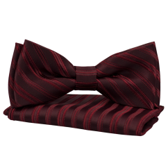 Vínově červený pánský motýlek s jemnými proužky a kapesníčkem