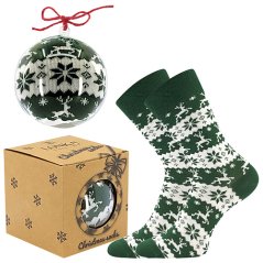 Green Christmas socks with reindeer and snowflake pattern