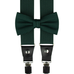 Emerald green men's accessory set with a bold gold pattern – suspenders, bow tie and pocket square
