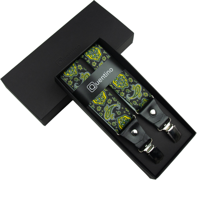 Black Men's Wide Suspenders with Paisley Pattern and Genuine Black Leather