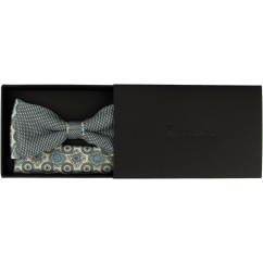 Black Beige Men's Bow Tie with Blue Details and Ornamental Pattern