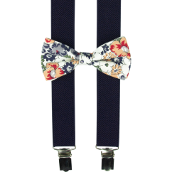 Tmavě modré dětské kšandy s bavlněným květovaným motýlkem