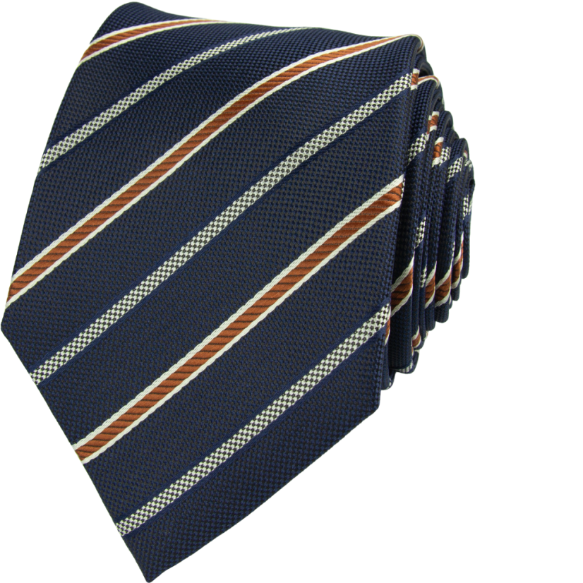 Tmavě modrá pánská kravata s cihlově hnědými pruhy