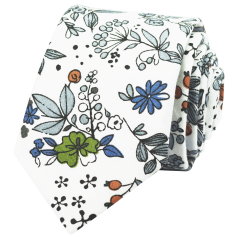 Bílá pánská bavlněná kravata s šedo zelenými lístky