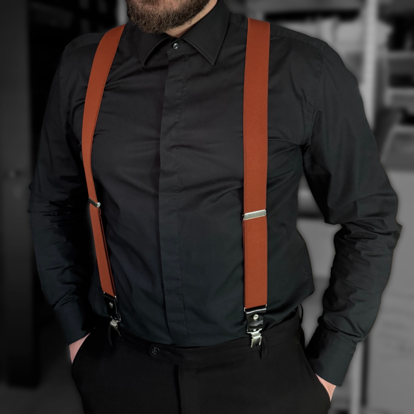 Brick Red Men's Wide Suspenders with Black Genuine Leather