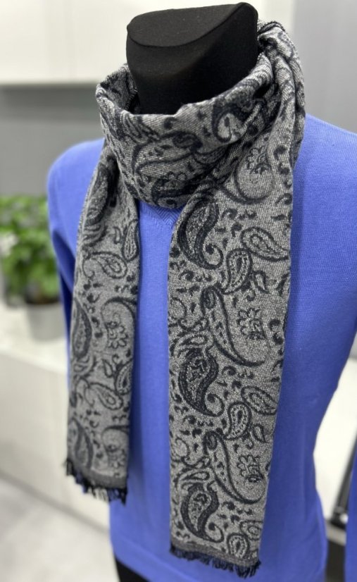 Grey & Black Men's Scarf with Paisley Pattern and Fringe