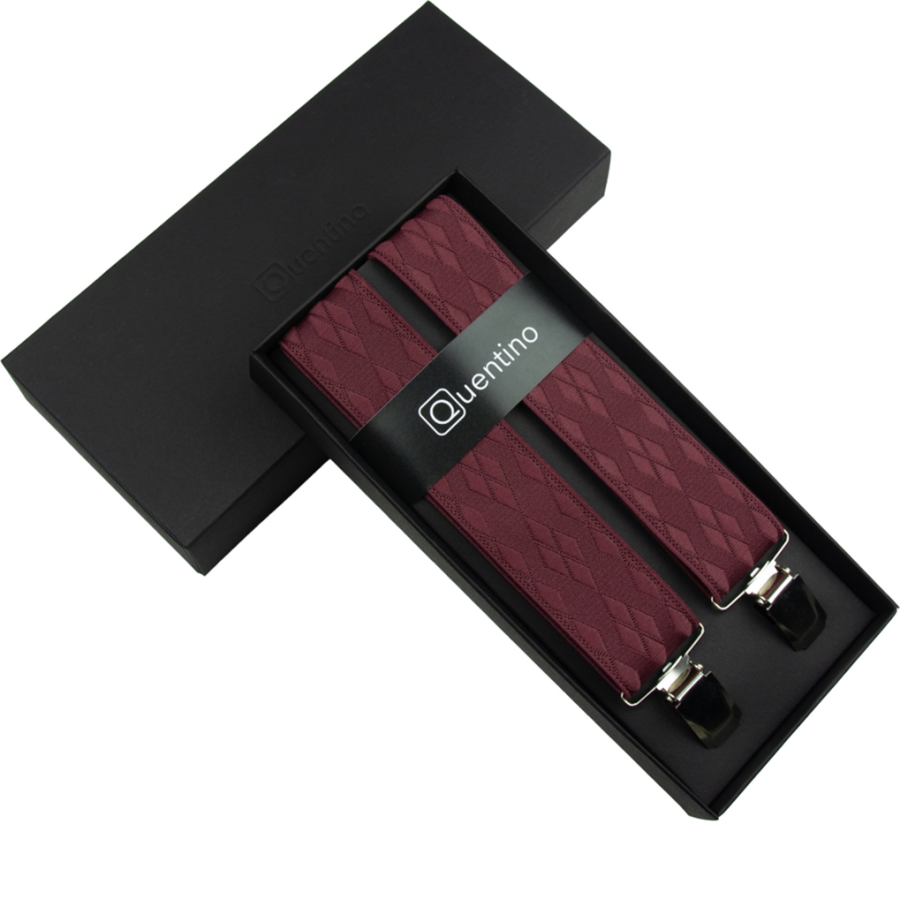 Burgundy red men's wide suspenders with an elegant pattern