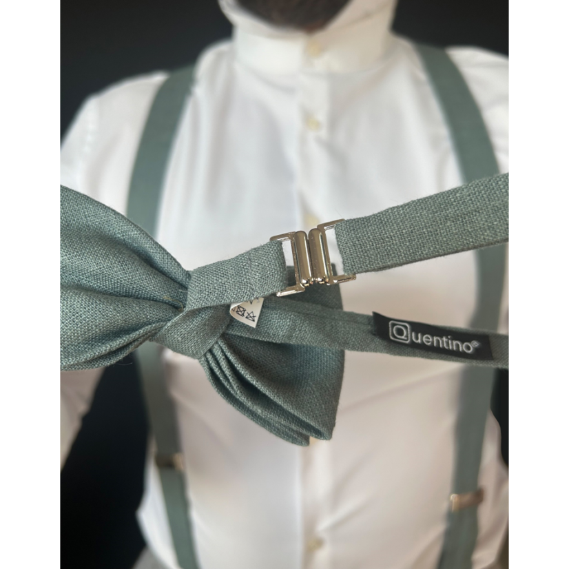 Lněné šalvějově zelené kšandy s motýlkem včetně kapesníčku