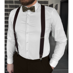 Tmavě hnědý pánský set s paisley vzorem – kšandy, motýlek a kapesníček