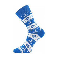 Blue Christmas socks with reindeer and snowflake pattern