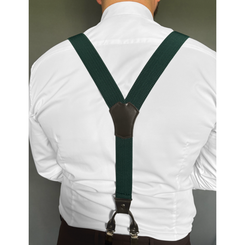 Smaragdově zelené pánské široké kšandy s tmavě hnědou pravou kůží