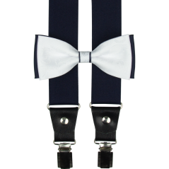 Tmavě modrý pánský set s bílým ornamentem – kšandy, motýlek a kapesníček