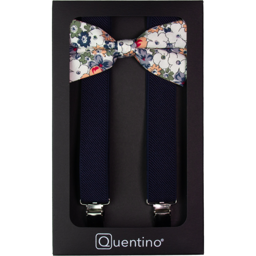 Tmavě modré pánské kšandy s bavlněným květovaným motýlkem