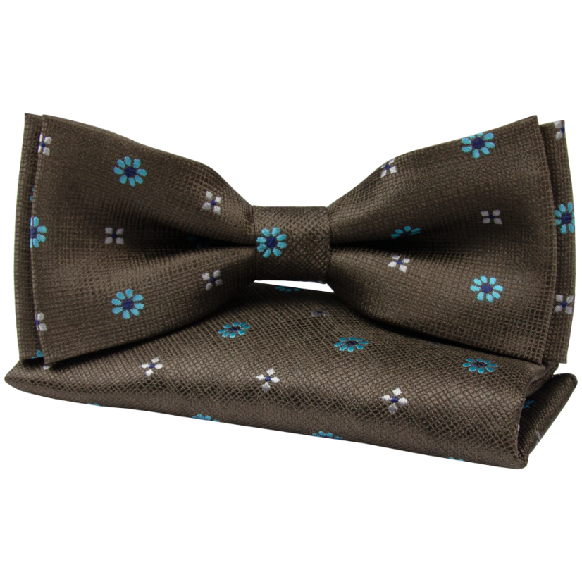 Dark Brown Men's Bow Tie with Turquoise Flowers Including Pocket Square