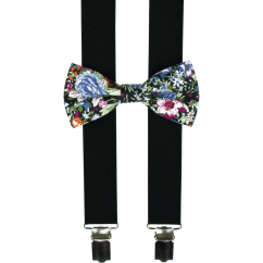 Černé dětské kšandy s bavlněným květovaným motýlkem