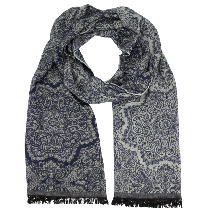 Dark Navy Grey Men's Scarf with Ornamental Pattern and Fringe
