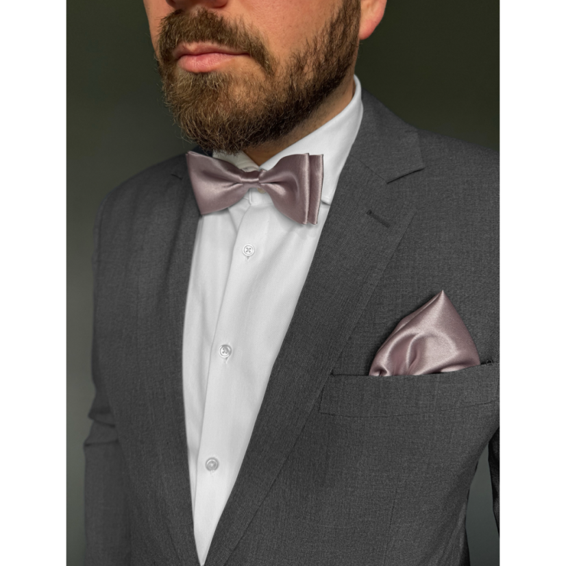 Tmavě starorůžový pánský motýlek lesklý s kapesníčkem