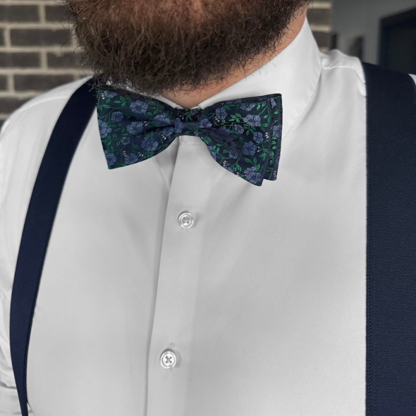 Dark Navy Men's Bow Tie with Delicate Floral Pattern Including Pocket Square