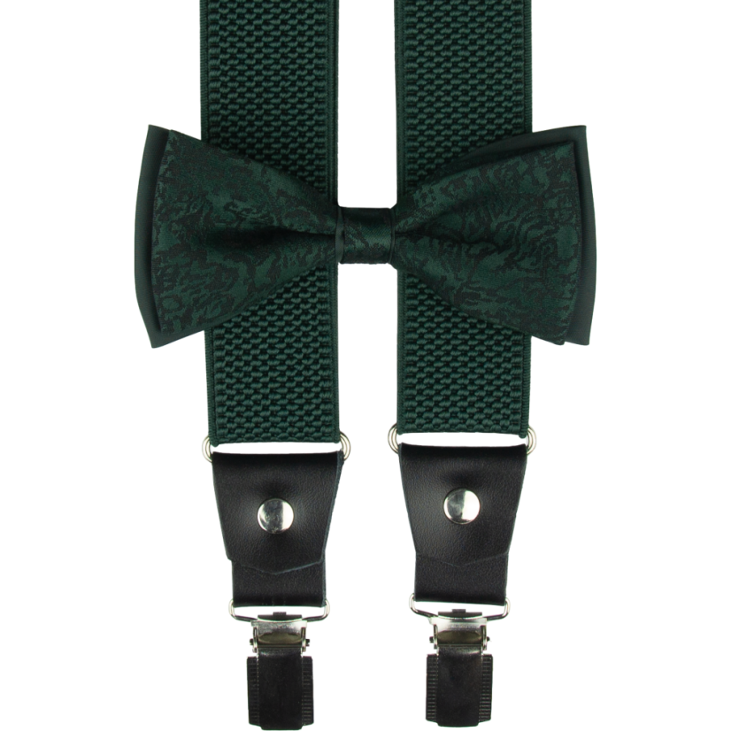 Smaragdově zelený pánský set s černým vzorem - kšandy, motýlek a kapesníček