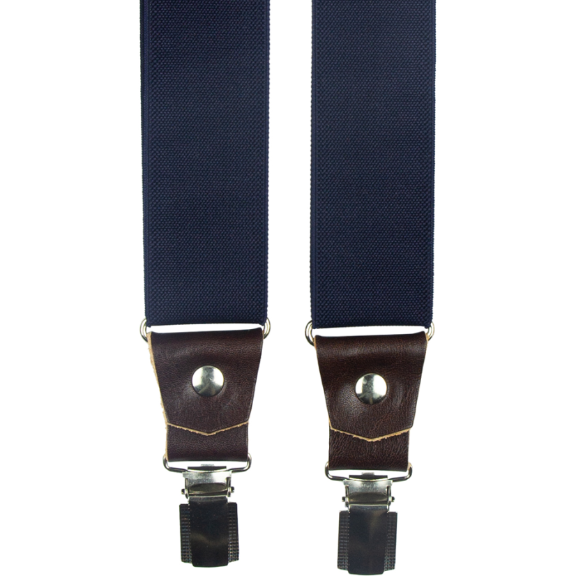 Dark Navy Wide Men's Suspenders with Brown Genuine Leather