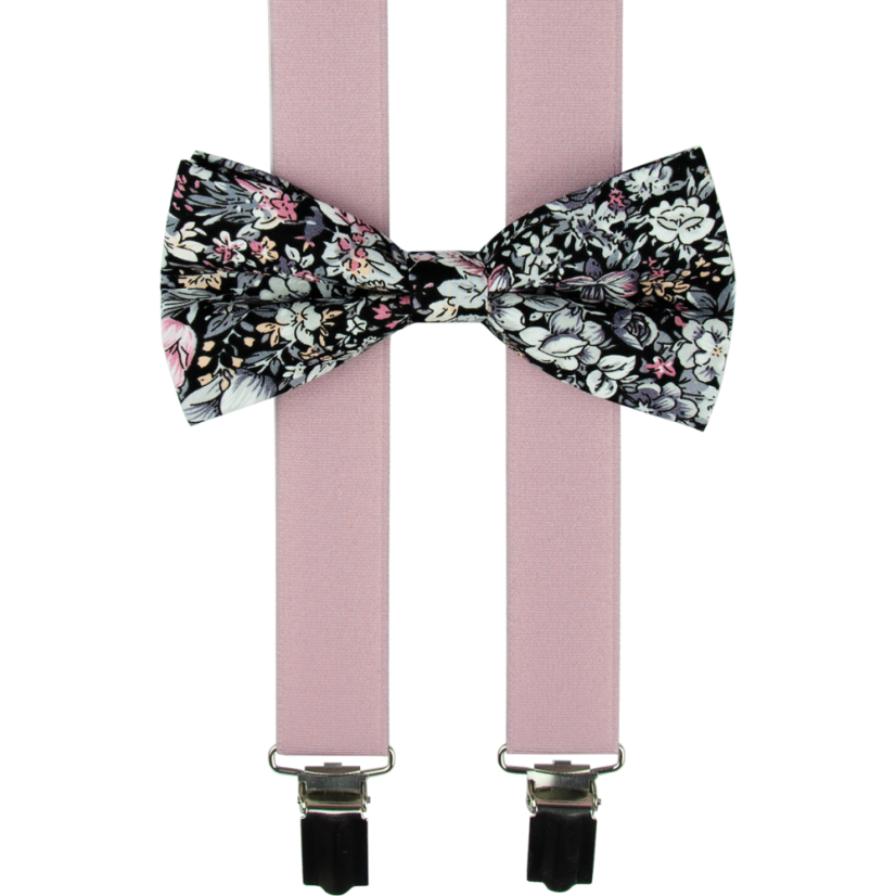 Starorůžové pánské kšandy s bavlněným květovaným motýlkem