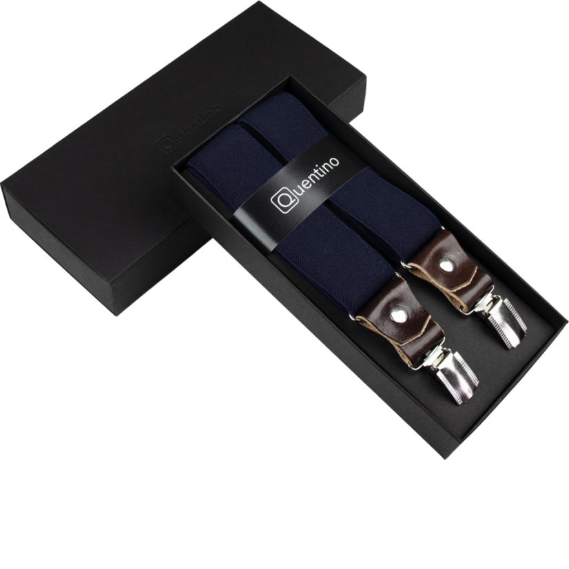 Tmavě modré pánské široké kšandy s hnědou pravou kůží