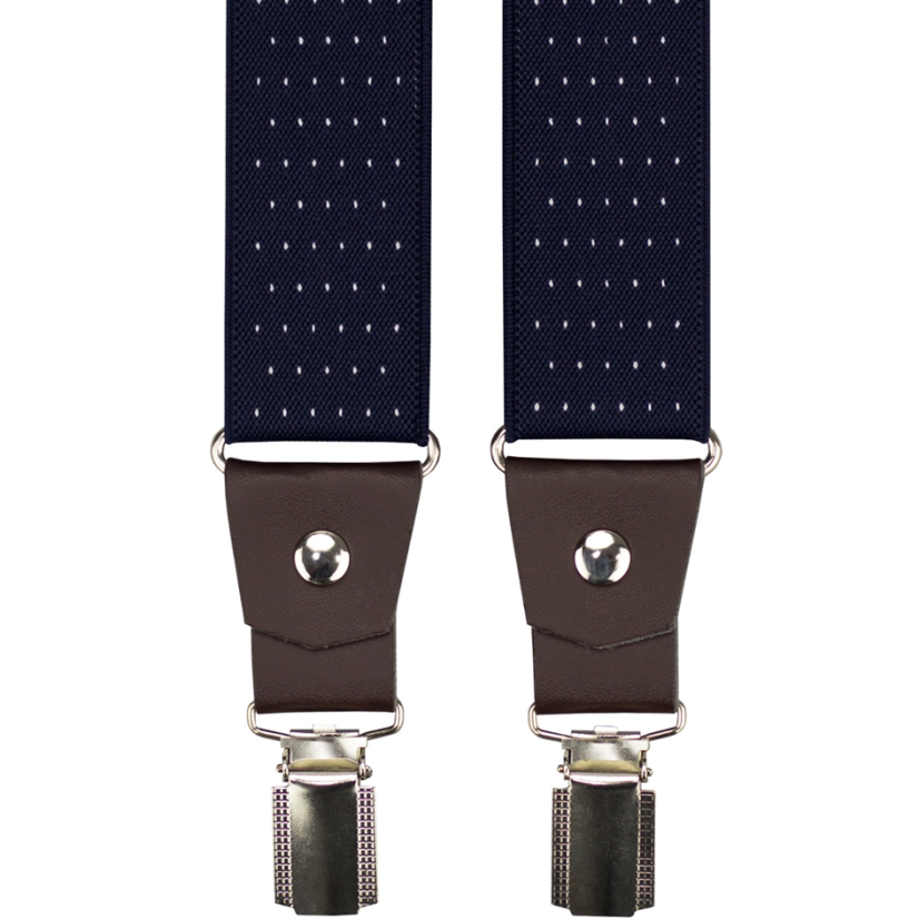 Tmavě modré pánské široké kšandy s puntíky a tmavě hnědou pravou kůží