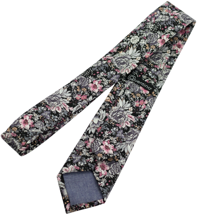 Black Men's Cotton Necktie with Grey-Pink Flowers