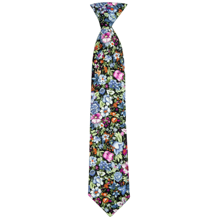 Black Children's Cotton Necktie with Blue and Purple Flowers