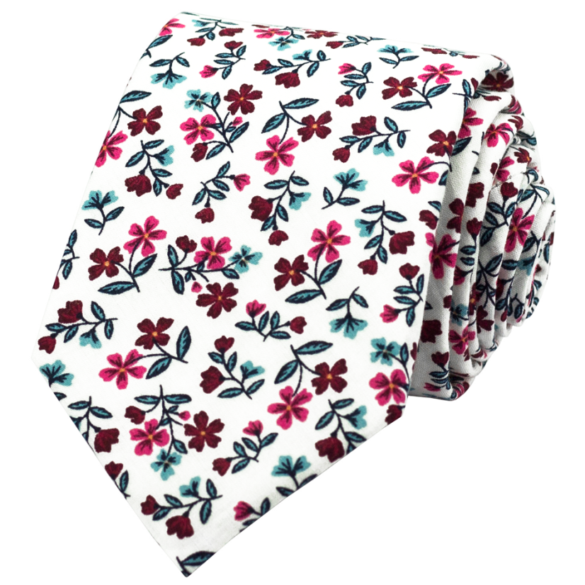 Bílá pánská bavlněná kravata s vínově růžovými kvítky