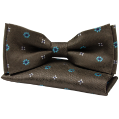 Dark Brown Men's Bow Tie with Turquoise Flowers Including Pocket Square