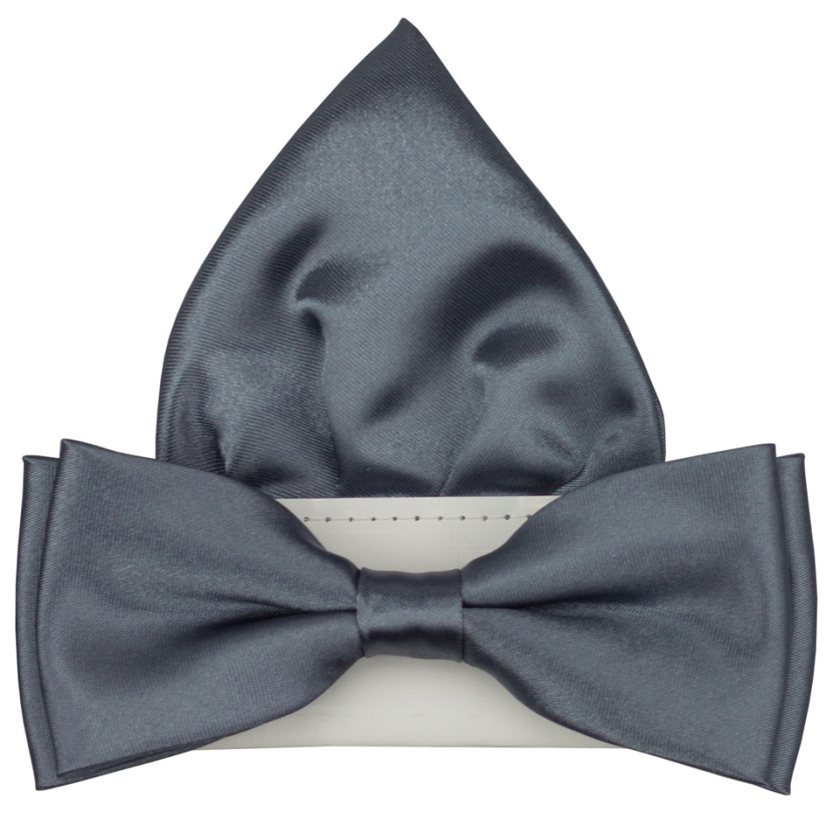 Šedý pánský motýlek lesklý s kapesníčkem