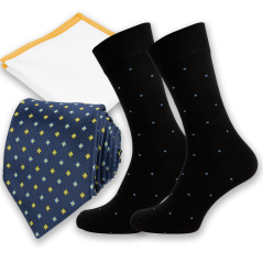 Tmavě modrý pánský set se žlutými detaily – kravata, kapesníček a ponožky
