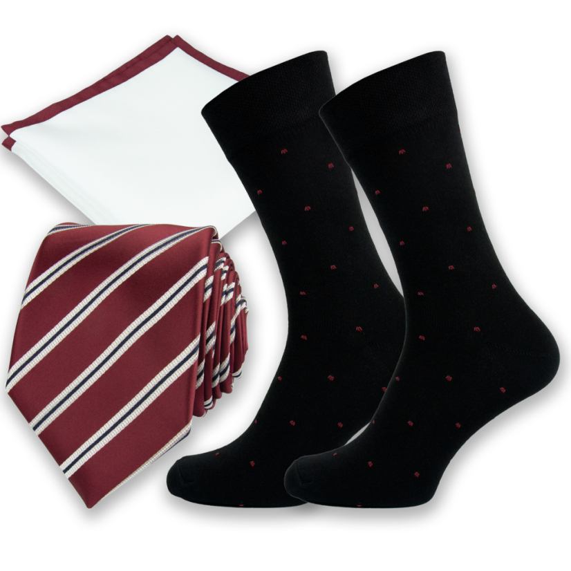 Vínově červený pánský set – kravata, kapesníček a ponožky