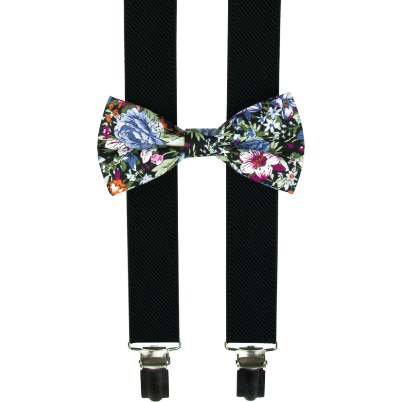 Černé dětské kšandy s bavlněným květovaným motýlkem