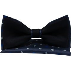 Tmavě modrý pánský motýlek s drobnými lístečky včetně kapesníčku