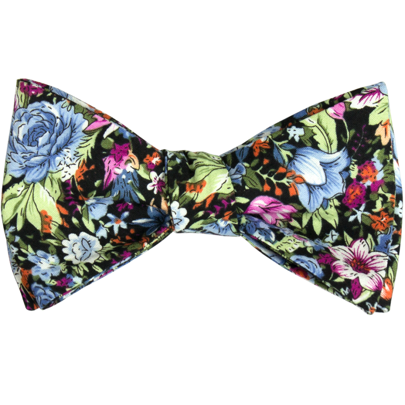 Černý bavlněný vázací motýlek s modro fialovými květy