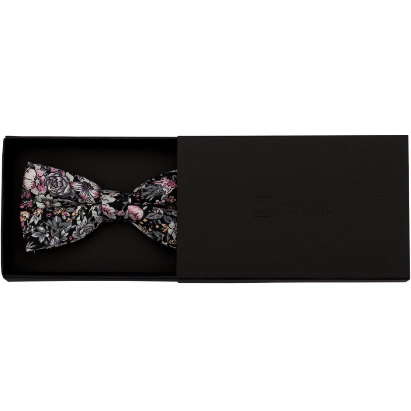 Černý pánský bavlněný motýlek s šedo růžovými květy